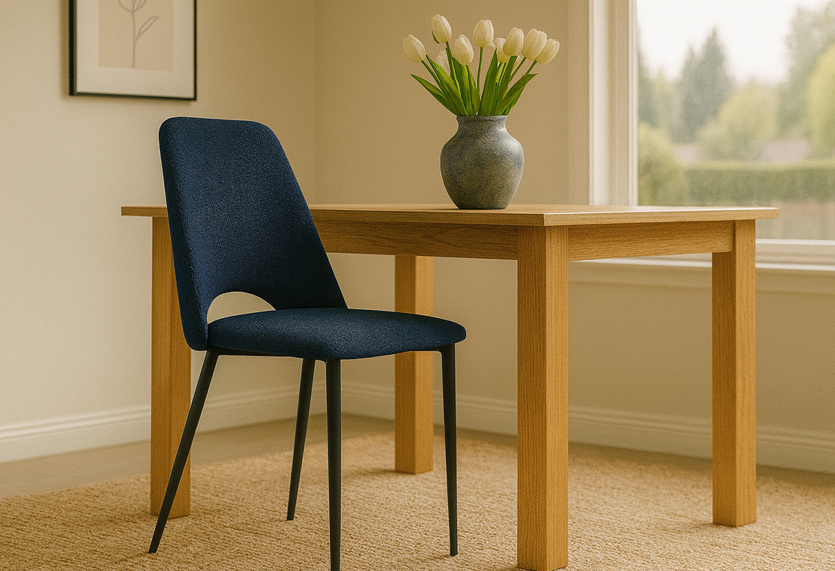 Απεικονίζεται μια τραπεζαρία με καρέκλες Velvet.